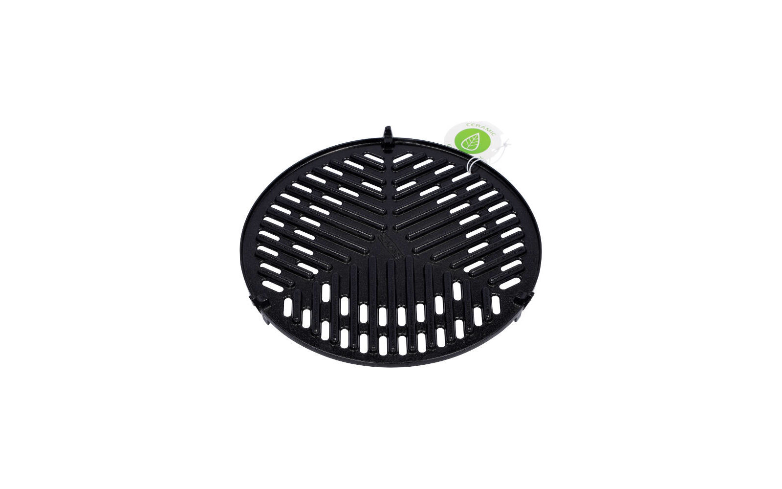 Runder schwarzer Plastikuntersetzer mit Schlitzen und einem grünen Blatt-Etikett