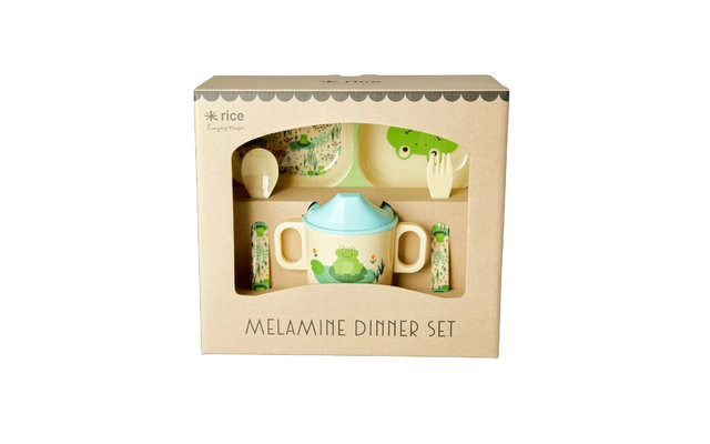 Set de vaisselle Rice Melamin pour enfants 4 pièces avec des grenouilles vert menthe
