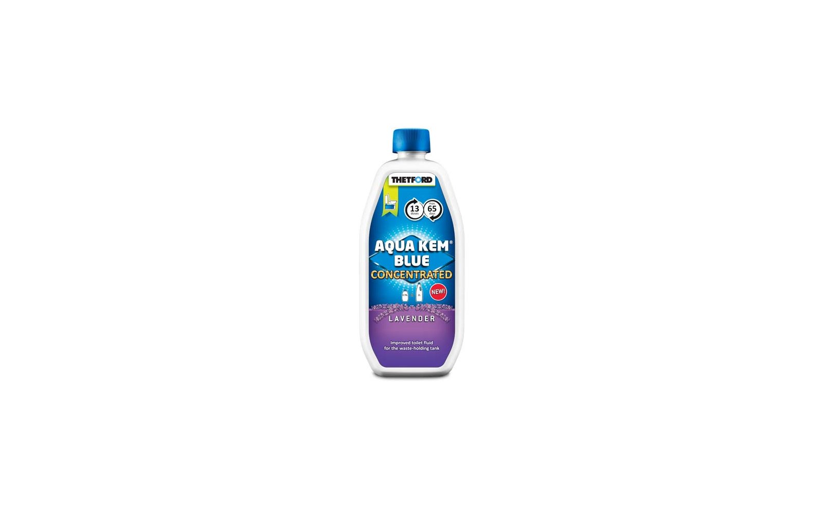 Flasche mit lila Etikett, blauer Verschluss und Aufschrift in verschiedenen Farben