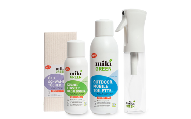 mikiGREEN paquete de prueba con limpiador de inodoro, limpiador de cocina, botella de spray y juego de toallitas de esponja 4 piezas