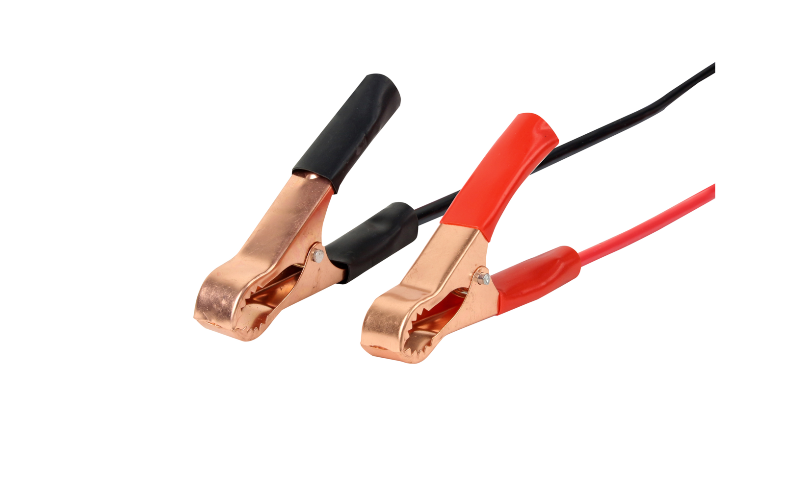 Two alligator clips, one with a red and one with a black cable