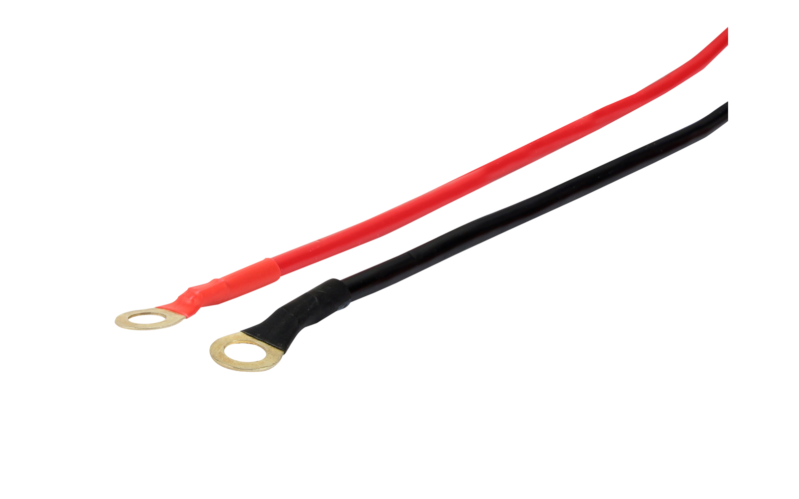 Red and black electrical cables with ring terminal ends on white background