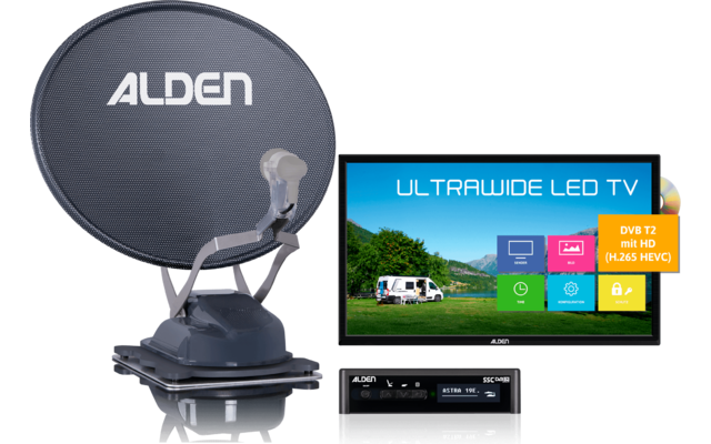 Alden Onelight 60 HD EVO vollautomatische Sat-Anlage mit Ultrawide LED Fernseher 22 Zoll Platinum