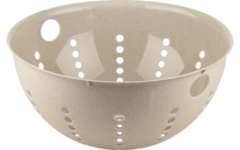 Beigefarbener Salatsieb mit Löchern und Griffen