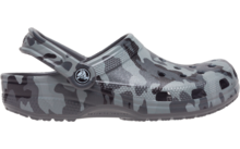 Grauer Clogs-Schuh mit Camouflage-Muster, seitliche Ansicht