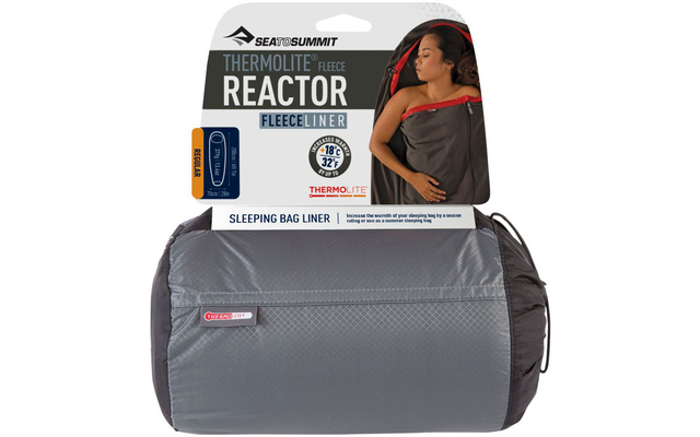 Grau-schwarzer Schlafsack mit Verpackung und Etikett