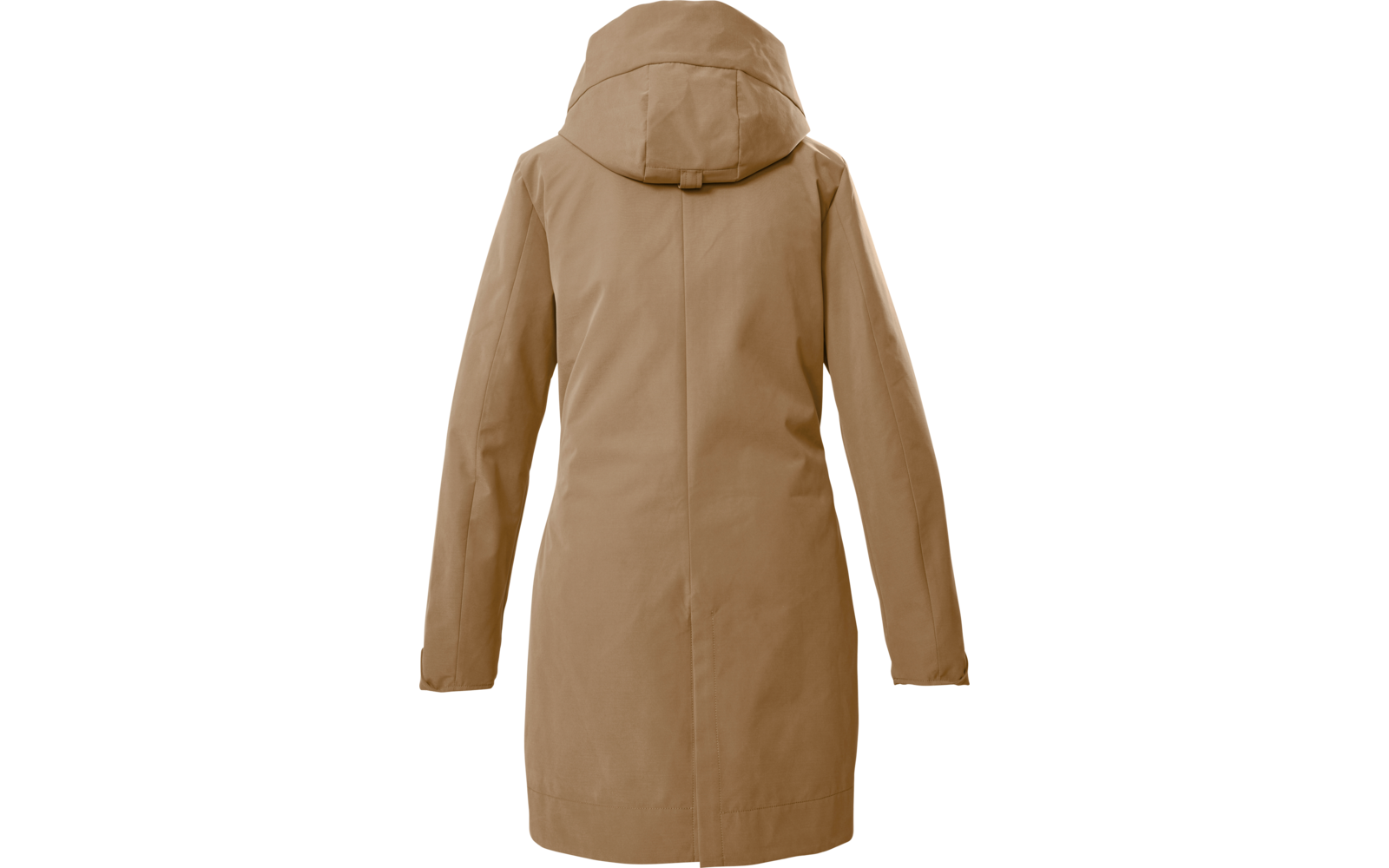 Beige Regenjacke mit Kapuze von hinten