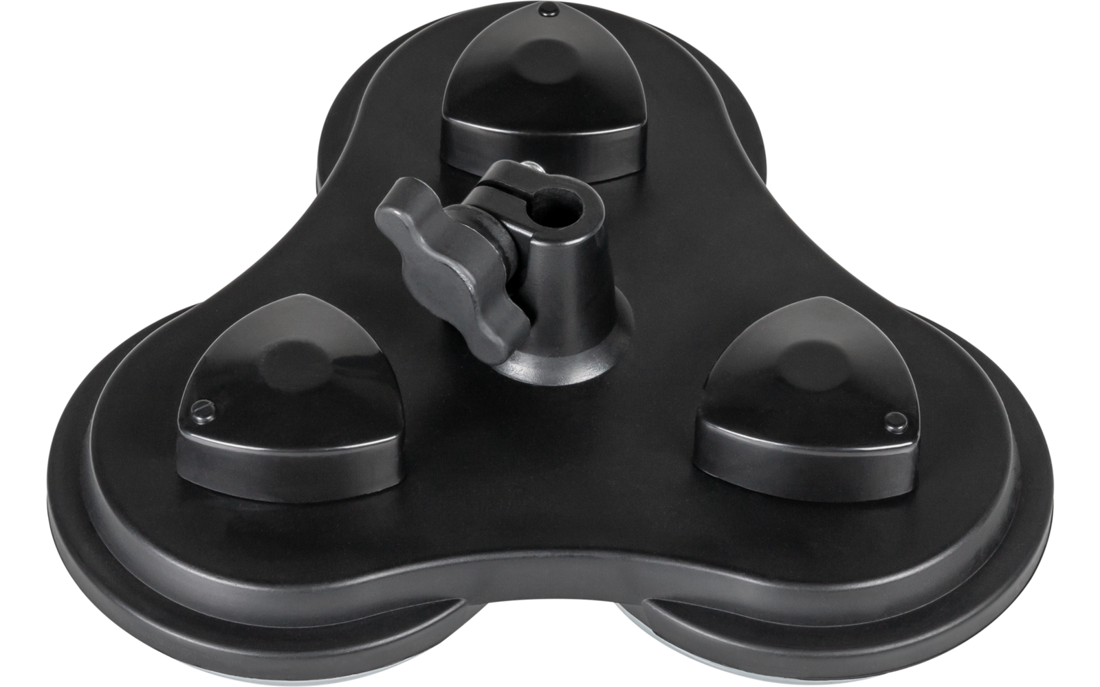 Schwarze, dreieckige Kunststoffhalterung mit drei runden Füßen und einem zentralen Hebel