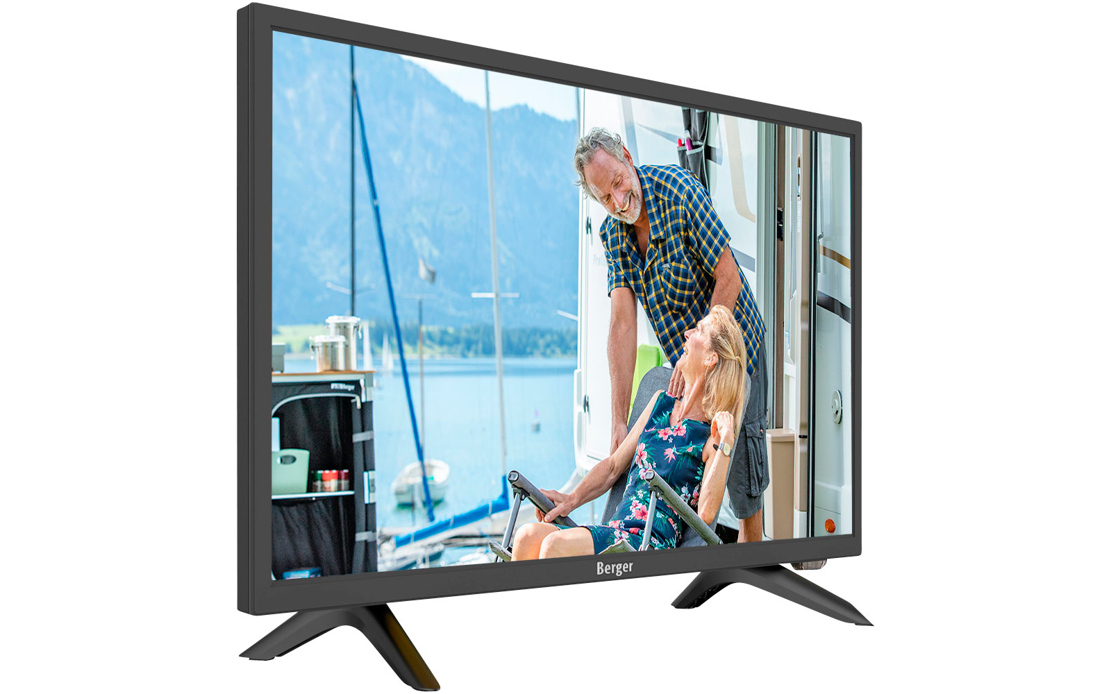 Fernseher mit Bild eines Mannes und eines Mädchens auf einem Boot