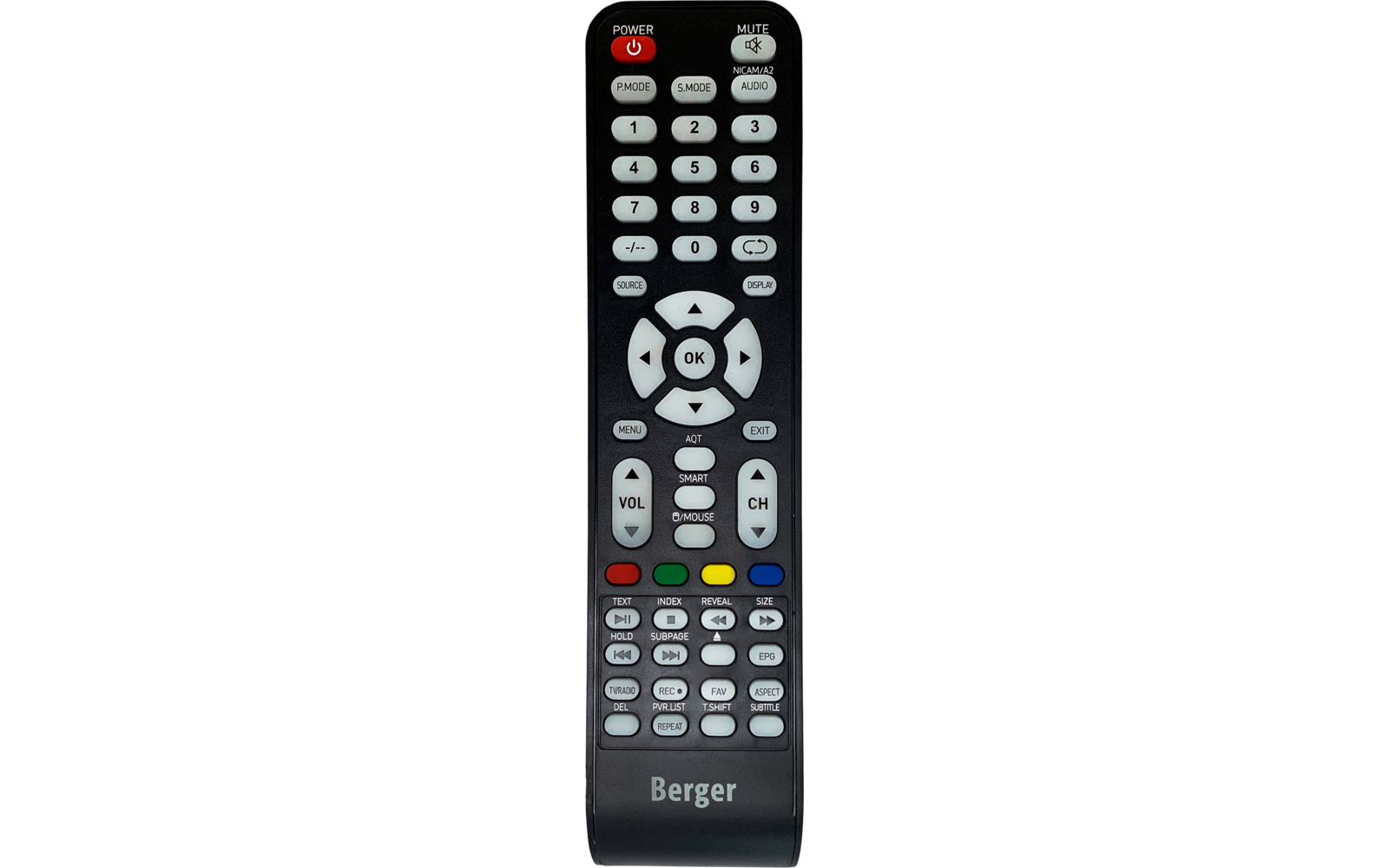 Fernbedienung mit vielen Tasten auf weißem Hintergrund