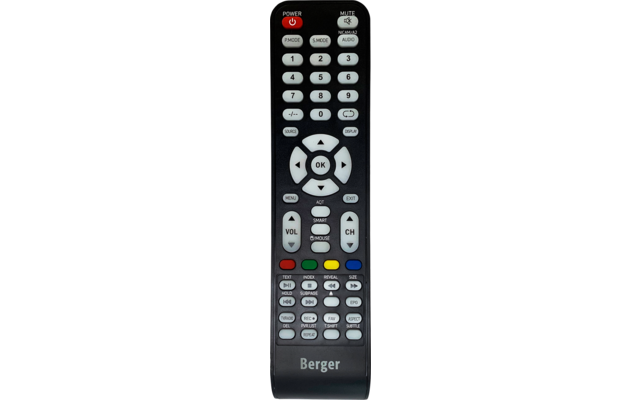 Fernbedienung mit vielen Tasten auf weißem Hintergrund