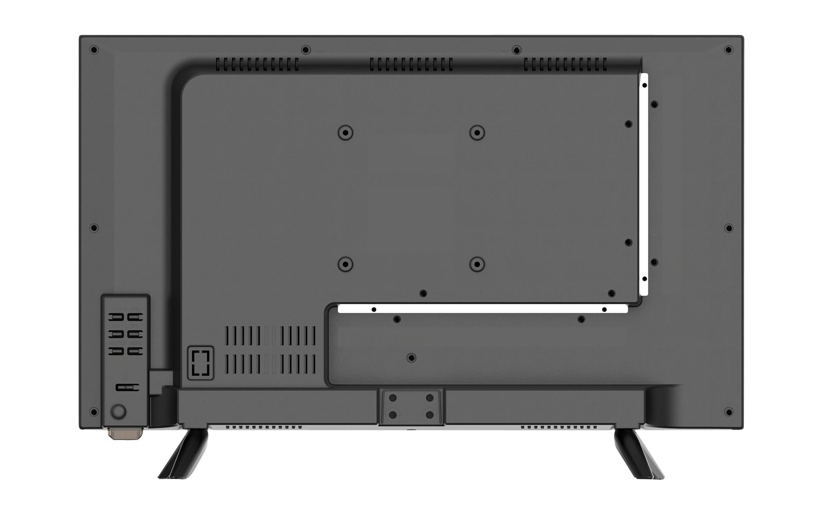 Rückseite eines Fernsehers mit Anschlüssen und Standfüßen