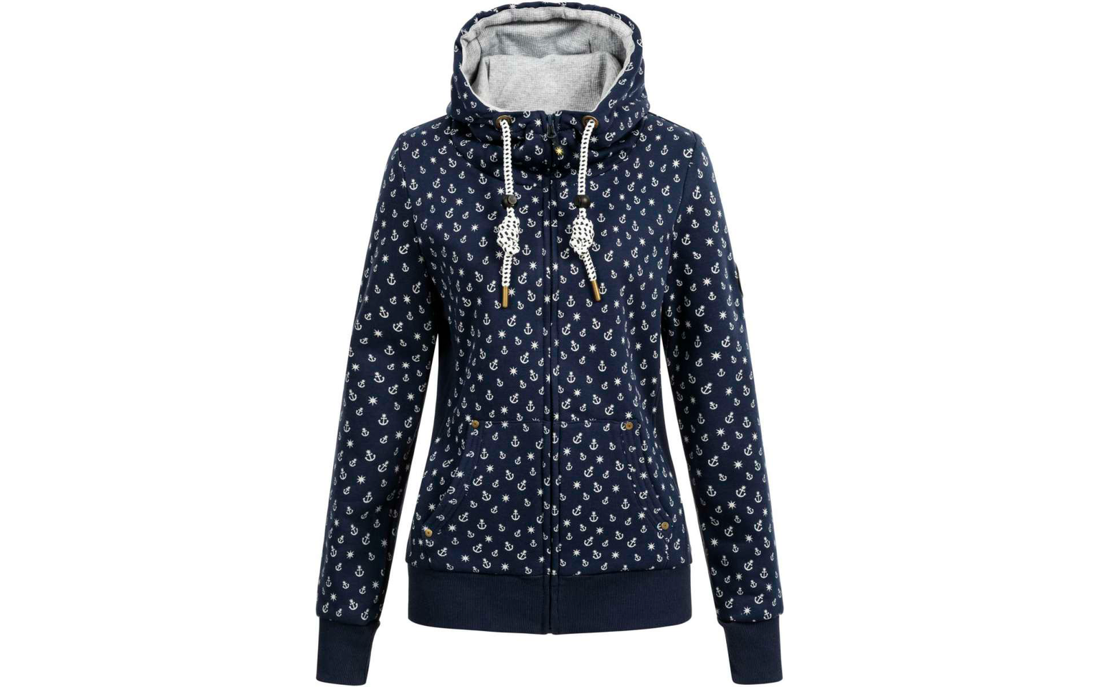 Dunkelblaue Kapuzenjacke mit weißem Anker-Muster und weißen Kordeln am Kragen