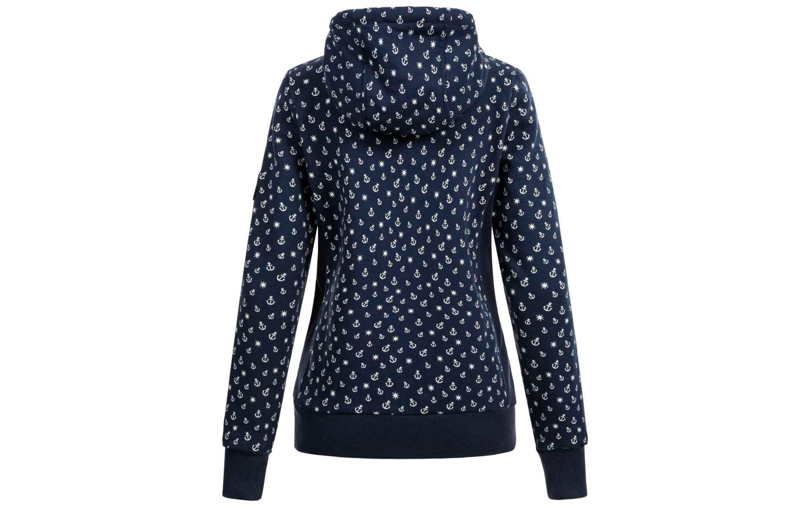 Dunkelblaue Kapuzenjacke mit weißen Punkten, Rückansicht