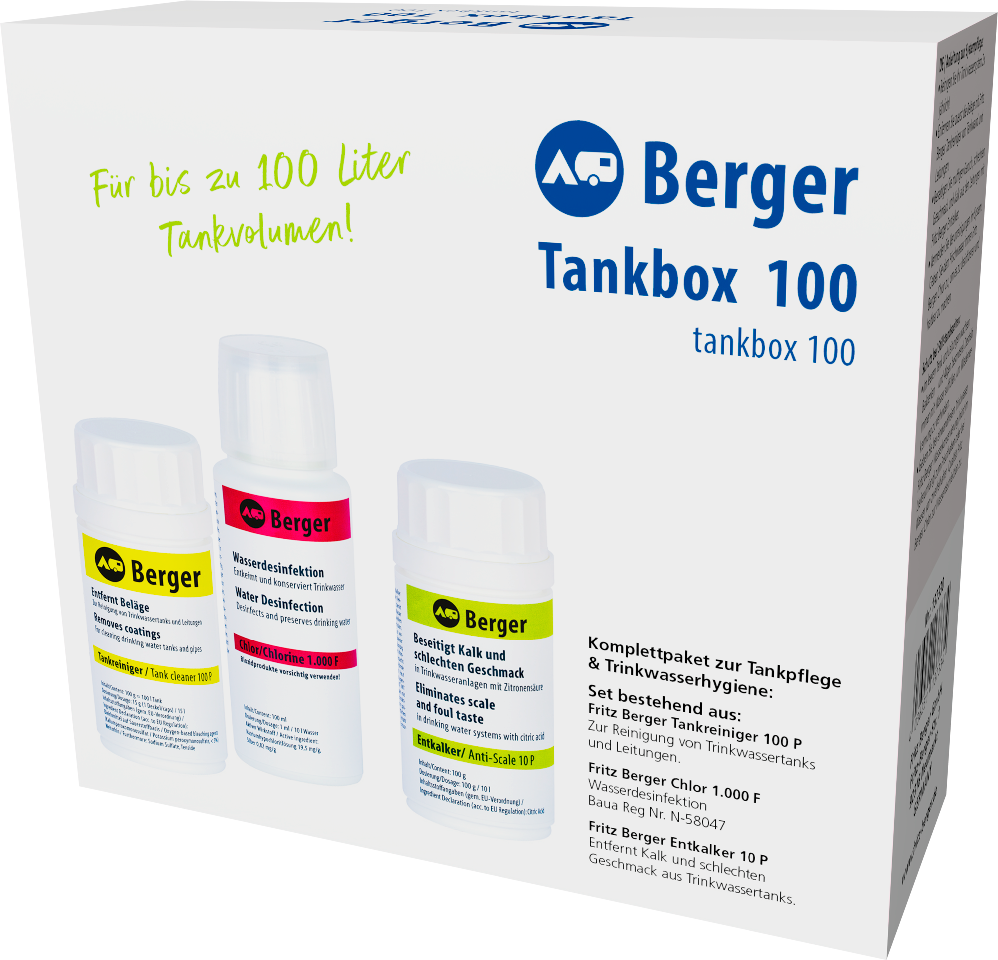 Berger Tankbox 100 Set (Tankreiniger, Wasserdesinfektion & Entkalker)