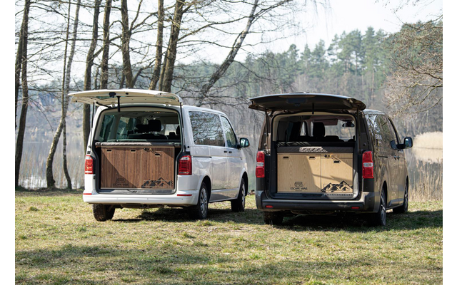Escape Vans Tour Box XL plegable mesa / cama / cajón caja VW Caravelle / Multivan / Transporter T6 / T6.1 Ash