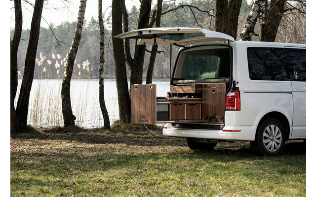 Escape Vans Tour Box XL plegable mesa / cama / cajón caja VW Caravelle / Multivan / Transporter T6 / T6.1Walnut