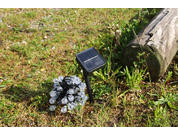 Blue metal beetle made of decorative stones on grass next to tree trunk with solar lamp