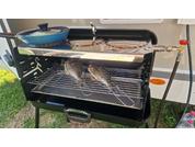 Un barbecue avec une poêle et une grille, sur laquelle deux chats sont allongés