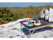 Vogel auf einem hellen Tisch mit kleinen bunten Figuren und Tüten im Hintergrund
