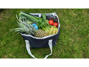 Graue Stofftasche mit weißen Henkeln auf Gras, gefüllt mit Ananas, Bananen, Tomaten, Lauch, grünem Blattgemüse und einem Becher mit blauem Deckel