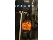 Black kitchen appliance with a viewing window; illuminated interior contains French fries; row of lit icons above; brand name 'Berger' on the front