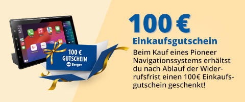 Tablet mit Einkaufs-Gutschein und Text zu einem 100 Euro Einkaufsgutschein für Pioneer Navigationssysteme