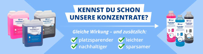 Banner mit links mehreren Kanistern, rechts mehreren Flaschen (darunter eine Sprühflasche). In der Mitte blauer Kasten mit dem Text "KENNST DU SCHON UNSERE KONZENTRATE?" darunter "Gleiche Wirkung – und zusätzlich:" und vier grüne Häkchen mit den Wort