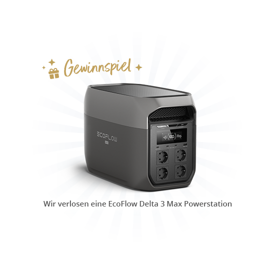 Graue EcoFlow Delta 3 Max Powerstation mit Logo 'ECOFLOW', Display und vier Steckdosen vorn; blauer Strahlenhintergrund; goldener Schriftzug 'Gewinnspiel' mit Geschenk-Icon und Sternen oben links; weißes Banner unten mit Text 'Wir verlosen eine EcoFl