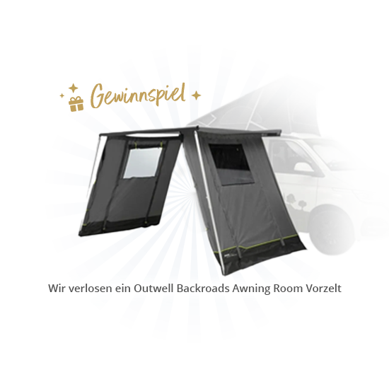 Weißer Campervan mit aufgeklapptem Dach und grauem seitlichem Vorzelt, blaues Strahlenmuster im Hintergrund, goldene Schrift 'Gewinnspiel' und weiße Sprechblase mit Text 'Wir verlosen ein Outwell Backroads Awning Room Vorzelt'