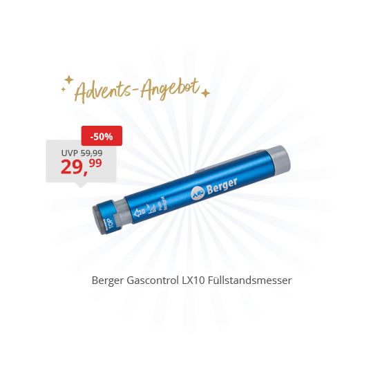 Blaues zylindrisches Produkt mit Aufschrift 'Berger' vor blauem Strahlenhintergrund; links ein rotes Preisetikett mit Text 'UVP 59,99 -50% 29,99'; darunter der Schriftzug 'Berger Gascontrol LX10 Füllstandsmesser'