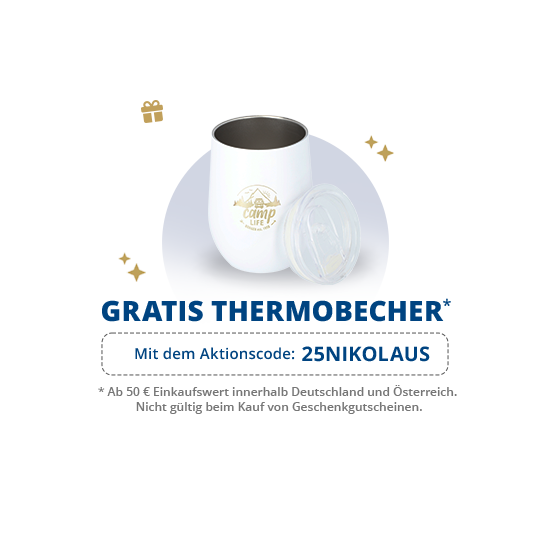 Weißer Thermobecher mit goldenem 'Camp Life'-Logo, abnehmbarer transparenter Deckel daneben; goldene Sterne um den Becher; blauer Text darunter 'GRATIS THERMOBECHER'