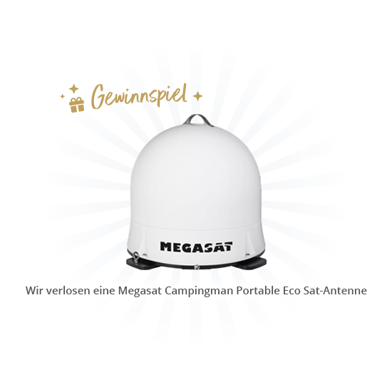 weiße kuppelförmige Antenne mit Aufschrift 'MEGASAT', blauer Strahlenkreis im Hintergrund, goldener Schriftzug 'Gewinnspiel' mit Geschenk- und Sternsymbolen, weißes Banner mit Text 'Wir verlosen eine Megasat Campingman Portable Eco Sat-Antenne'