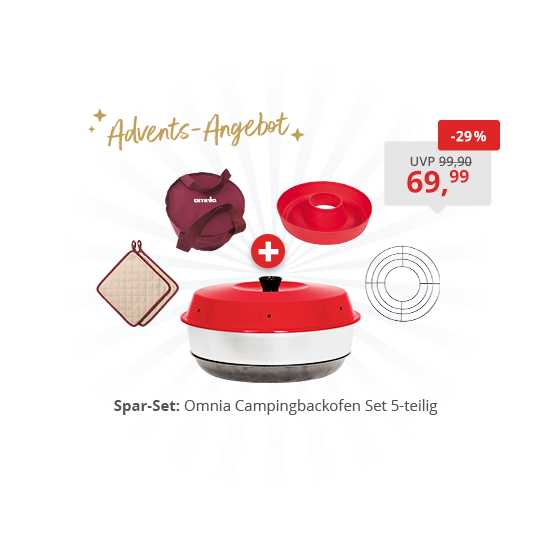 Rotes Omnia Campingbackofen-Set, fünf Teile: runder Ofen mit rotem Deckel und Edelstahlboden, rote Schüssel, rote Transporttasche, gestepster Topflappen, Edelstahl-Rost; Preislabel 'UVP 99,90' durchgestrichen und '69,99' mit '-29%'