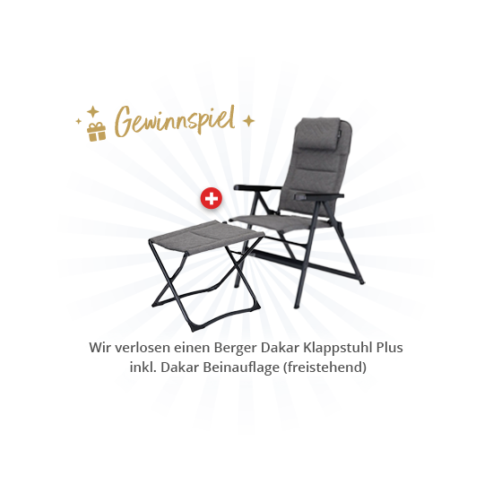 Grauer Klappstuhl mit Beinauflage vor blauem Strahlenhintergrund, goldener Schriftzug 'Gewinnspiel', Schweizerkreuz-Icon und weißes Etikett mit dem Text 'Wir verlosen einen Berger Dakar Klappstuhl Plus inkl. Dakar Beinauflage (freistehend)'