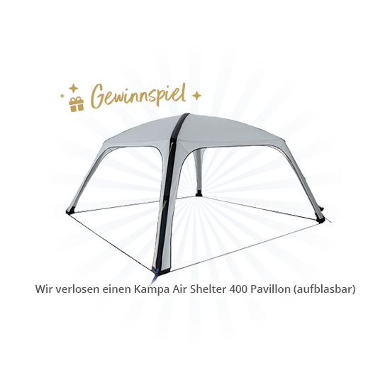 Silbernes Pavillon-Gestell mit vier gebogenen Stützen vor blauem Strahlenmuster, darunter ein weißes abgerundetes Textfeld mit deutscher Beschriftung