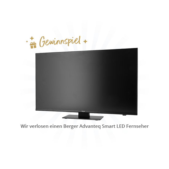 Schwarzer Flachbildfernseher auf Standfuß vor blauen Strahlen, darüber goldener Schriftzug 'Gewinnspiel', unten weiße abgerundete Leiste mit Text 'Wir verlosen einen Berger Advanteq Smart LED Fernseher'