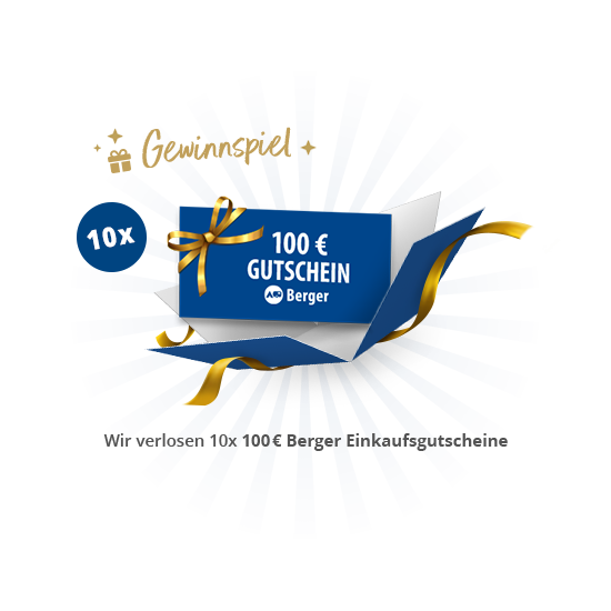Blauer Gutschein mit Text '100 € GUTSCHEIN' und Berger-Logo, goldene Schleifen und Konfetti, goldener Schriftzug 'Gewinnspiel' mit kleinem Geschenk-Symbol, strahlenförmige blaue Hintergrundstreifen, kleiner blauer Kreis mit '10x'