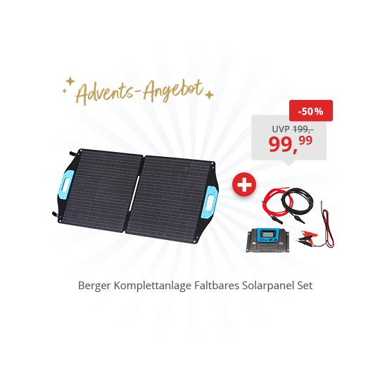 Zweiteiliges faltbares schwarzes Solarpanel, separater Laderegler, Kabel, rotes Preisetikett mit „-50%“ und „UVP 199,- 99,-“, blauer Strahlenhintergrund