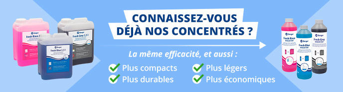Banni&egrave;re avec plusieurs bidons &agrave; gauche et plusieurs bouteilles (dont un spray) &agrave; droite. Au centre un encadr&eacute; bleu avec le texte "KENNST DU SCHON UNSERE KONZENTRATE?" et dessous "Gleiche Wirkung &ndash; und zus&auml;tzlich:" et quatre coches vertes avec les mots "platzsparender", "nachhaltiger", "leichter", "sparsamer"