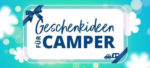 Geschenkkarte mit Geschenk-Symbolen und Auto mit Wohnwagen auf goldenem Hintergrund