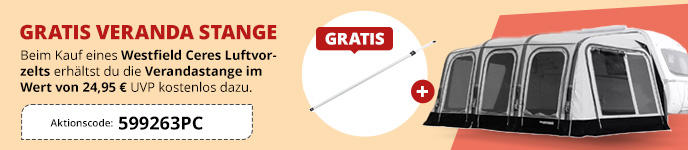 Werbebanner: links roter Titel 'GRATIS VERANDA STANGE', darunter kleinere deutsche Textzeilen, Aktionscode '599263PC' und Hinweis '24,95 &euro; UVP'; rechts graues aufblasbares Vorzelt auf rotem Hintergrund; roter Kreis mit wei&szlig;er Aufschrift 'GRATIS'