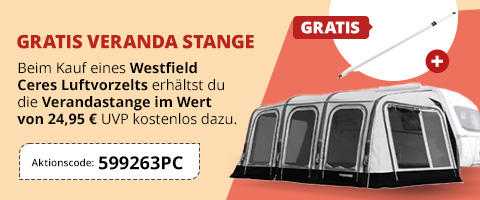Werbebanner mit rechter H&auml;lfte eines wei&szlig;en Wohnwagens, dunkelgrauem Luftvorzelt mit vier Fenstern, wei&szlig;er Verandastange oben rechts mit rotem Pluszeichen, roter Schriftzug 'GRATIS VERANDA STANGE', gestricheltes Feld mit Aktionscode '599263PC' und Pr