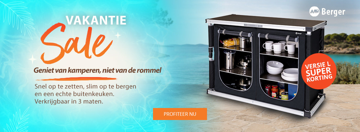 Turkooise achtergrond links met groot oranje woord 'Soldes'; rechts twee open zwarte camping-keukenkasten op zandgrond; oranje ronde badge 'Offre spéciale M & L', Berger-logo rechtsboven en oranje knop 'J'EN PROFITE'