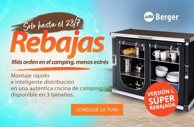 Armario de cocina negro con dos puertas abiertas, estantes con platos blancos, cuencos, tazas y vasos, encimera negra con placa de cocción; a la izquierda la gran palabra naranja "Soldes" sobre fondo turquesa con texto en francés ("Dernière semaine" visible); botón naranja "J'EN PROFITE" abajo; pegatina redonda roja "OFFRE SPECIALE SUR LES TAILLES M & L" en el armario; logotipo "Berger" arriba a la derecha
