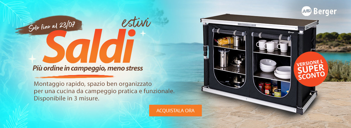 Sfondo turchese a sinistra con grande parola arancione 'Soldes'; a destra due armadietti da cucina da campeggio neri aperti su terreno sabbioso; badge arancione 'Offre spéciale M & L', logo Berger in alto a destra e pulsante arancione 'J'EN PROFITE'