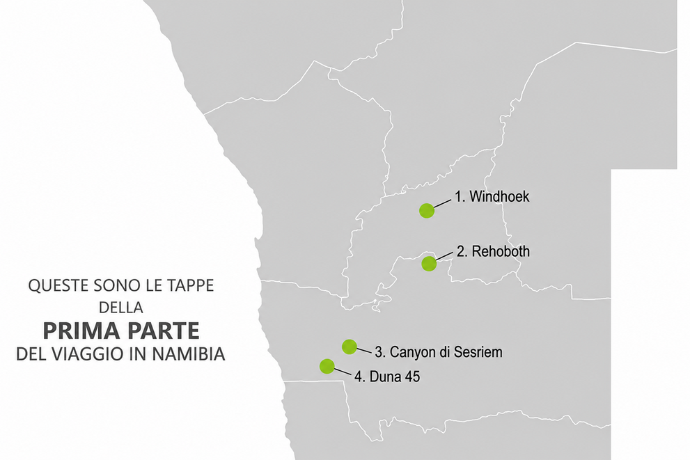 Mappa grigia con la costa a sinistra e quattro punti verdi numerati etichettati 1. Windhoek, 2. Rehoboth, 3. Sesriem-Canyon, 4. Düne 45; a sinistra il testo 'DAS SIND DIE ETAPPEN DES 1. TEILS DER NAMIBIA-REISE'