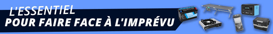 Banni&egrave;re bleue avec texte fran&ccedil;ais blanc 'L'ESSENTIEL POUR FAIRE FACE &Agrave; L'IMPR&Eacute;VU' &agrave; gauche et plusieurs petits objets et emballages gris et noirs &agrave; droite