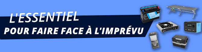 Banni&egrave;re bleue : &agrave; gauche texte fran&ccedil;ais blanc "L'ESSENTIEL POUR FAIRE FACE &Agrave; L'IMPR&Eacute;VU", &agrave; droite plusieurs petits appareils &eacute;lectroniques et composants sur fond bleu clair