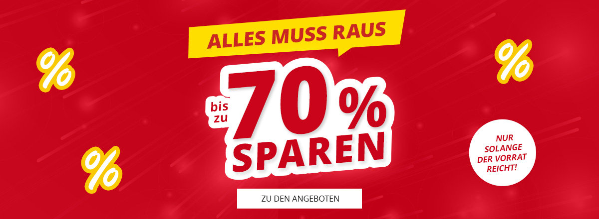 Roter Hintergrund, gelbes Banner mit 'ALLES MUSS RAUS', großer weißer/roter Schriftzug 'bis zu 70% SPAREN', gelbe Prozentzeichen, weißer Kreis mit 'NUR SOLANGE DER VORRAT REICHT!', weißes Rechteck mit 'ZU DEN ANGEBOTEN'